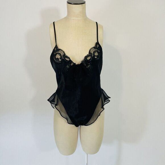 Vintage Josie Lingerie Satin Bodysuit Women's Size Medium Black Lace Bow - Picture 8 of 10